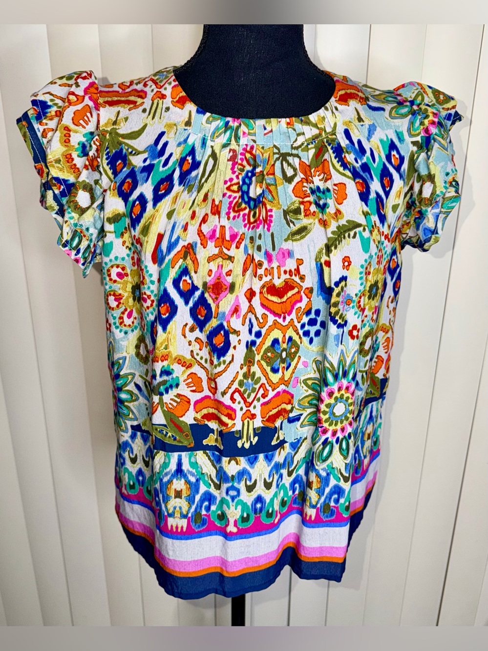 THML Women's Floral Smocked High Neck Flutter Sleeve Blouse Top Multicolor Sz S